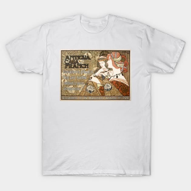 ANTIGUA CASA FRANCH SPANISH Carpets Rugs and Fabric Departmental Store Poster 1899 by Artist Alejandro De Riquer T-Shirt by vintageposters